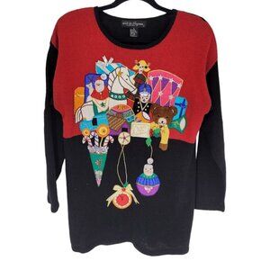 Work in progress Womens small oversized black red decorated christmas sweater